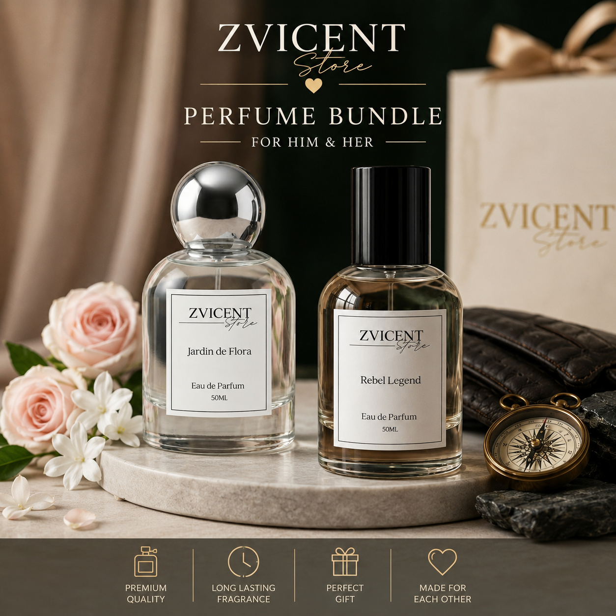 Zvicent Gift Set — Jardin de Flora and Rebel Legend 50ml Him and Her Perfume Bundle